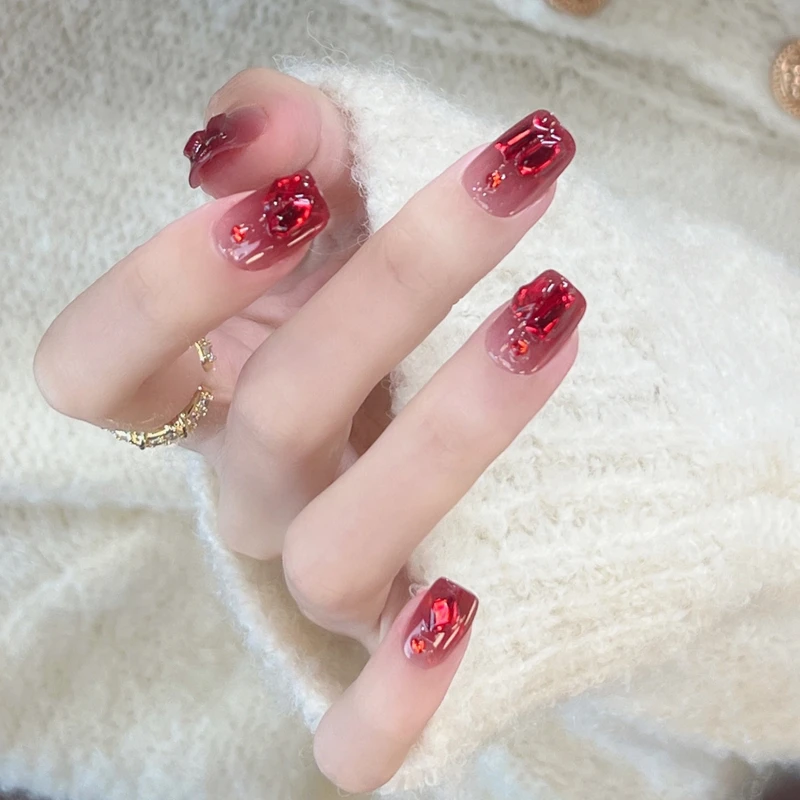 M105玫瑰宝石红满钻可拆卸式美甲贴片