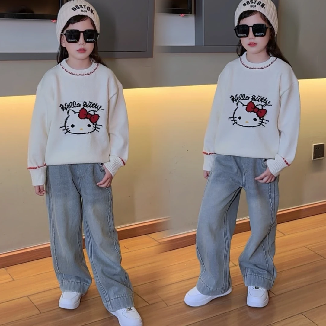 女童冬装毛衣套装女孩卡通绣花毛线打底针织衫加绒牛仔裤两件套