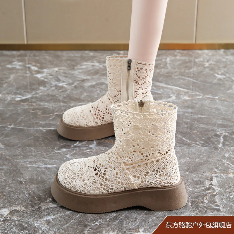东方骆驼凉靴女冬季凉鞋镂空网面短靴增高厚底蕾丝网靴薄款马丁靴