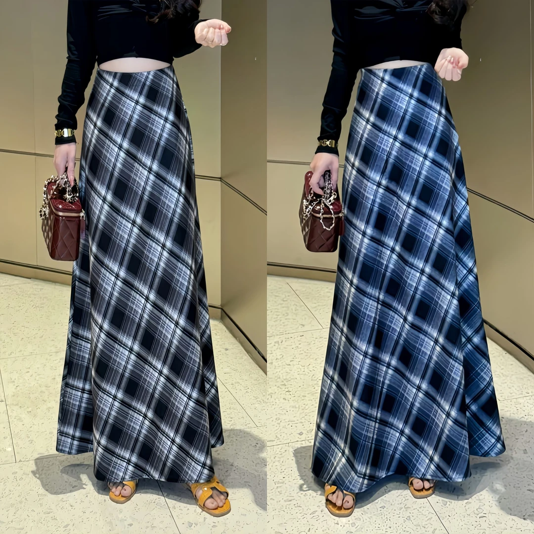 【CC】秋款高腰A字长裙复古学院风遮胯格纹裙休闲格纹显瘦半身裙