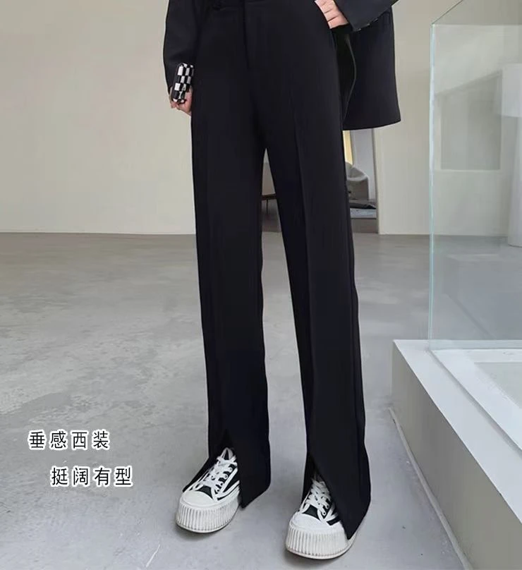 2025秋冬高腰西装裤欧货加厚百搭洋气简约显瘦黑色开叉裤子1185