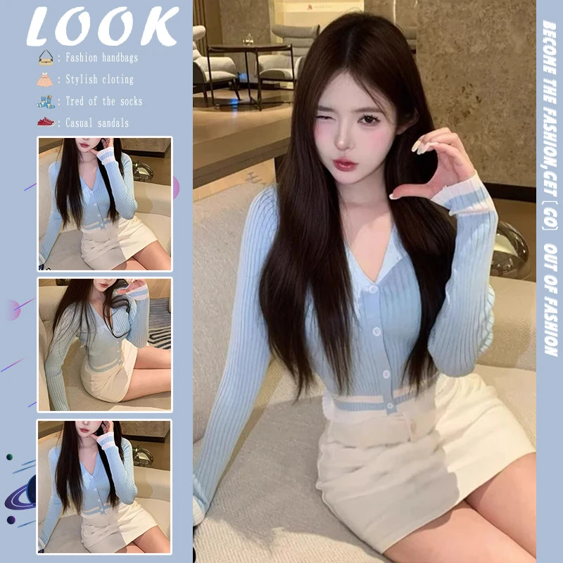 法式复古领排扣针织衫蓝色开衫女秋新款设计感修身显瘦薄款上新