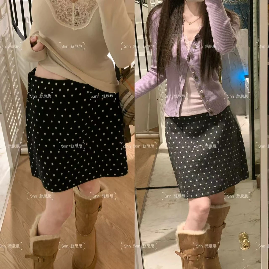 【波点针织半裙】韩系叠穿很厚实搭配雪地靴显瘦半身短裙女3316
