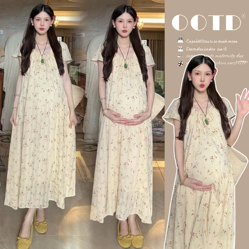 孕妇夏装连衣裙过膝长款2025年新款减龄碎花裙子夏天气质宽松长裙
