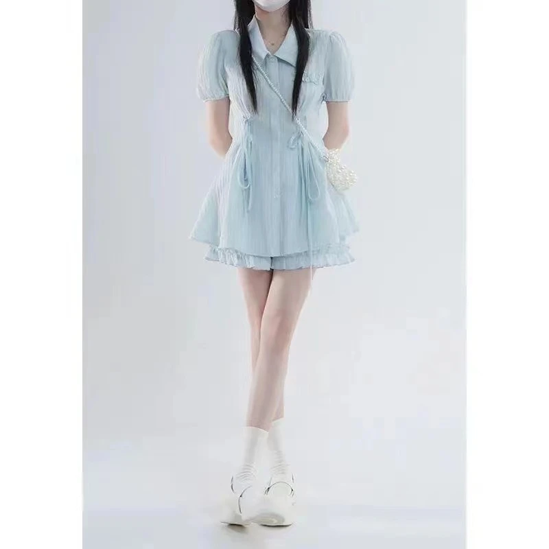 糖霜蓝莓蓝色新款甜美短袖衬衫连衣裙夏季套装高腰两件套短裤设计