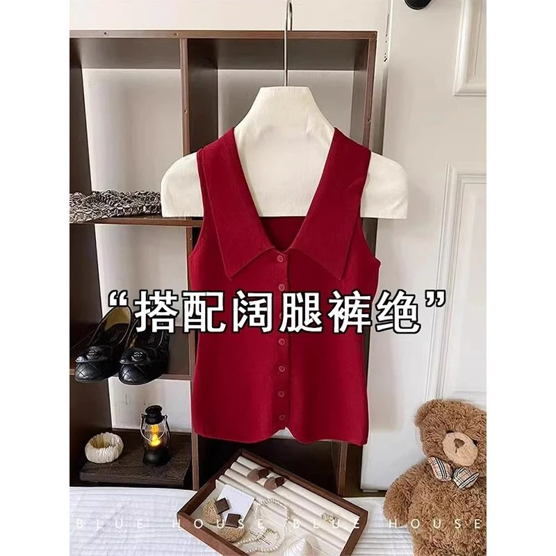 红色polo领背心马甲女夏季安可雷穿搭复古修身针织衫坎肩无袖上衣