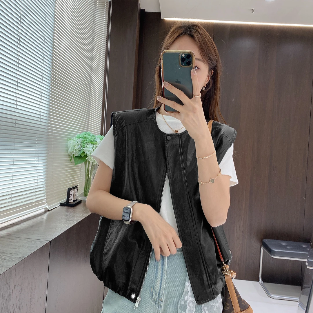 IMFLY金小金自制女装 夹克DYW8737春季叠穿坎肩无袖拉链皮夹克女