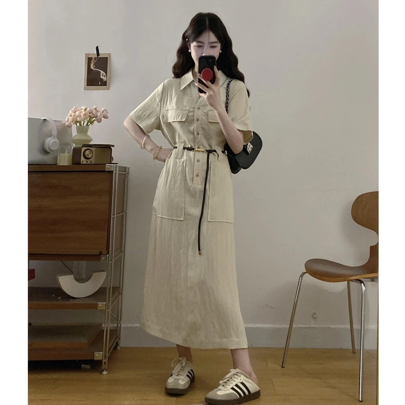 大码胖mm极简主义韩版气质显瘦正肩翻领通勤显瘦连衣裙女