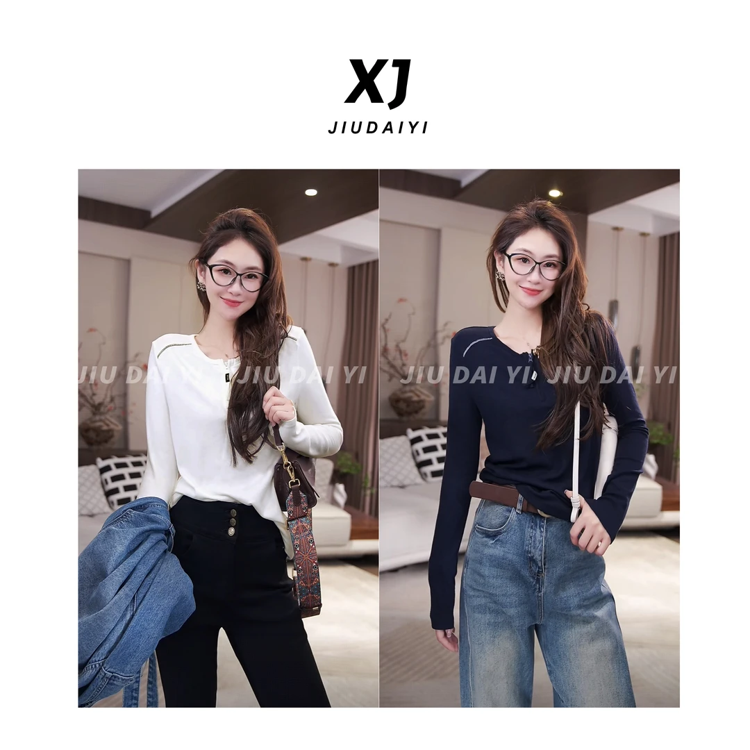 玖黛衣【优雅重现】新款时尚百搭休闲V领显瘦修身长袖T恤 TXJ44319