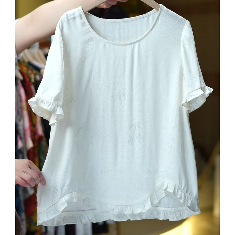 月白絮语《非遗美学》1393时尚缎面提花白色短袖上衣