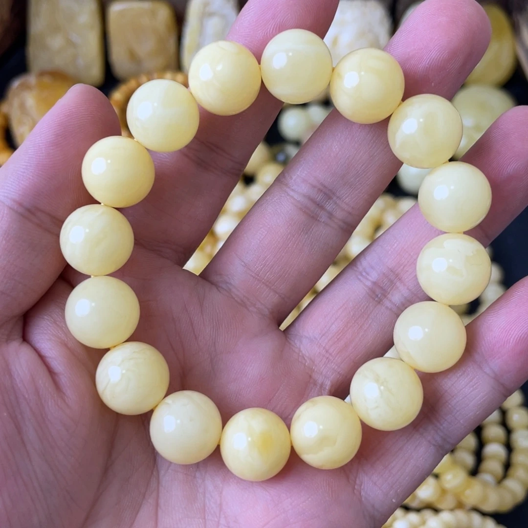 手串琥珀未镶嵌13+俄料白花蜡圆珠手串