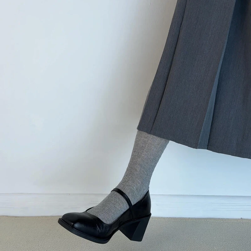 复古法式一字带玛丽珍高跟鞋女2024春秋新款配裙子浅口粗跟单鞋