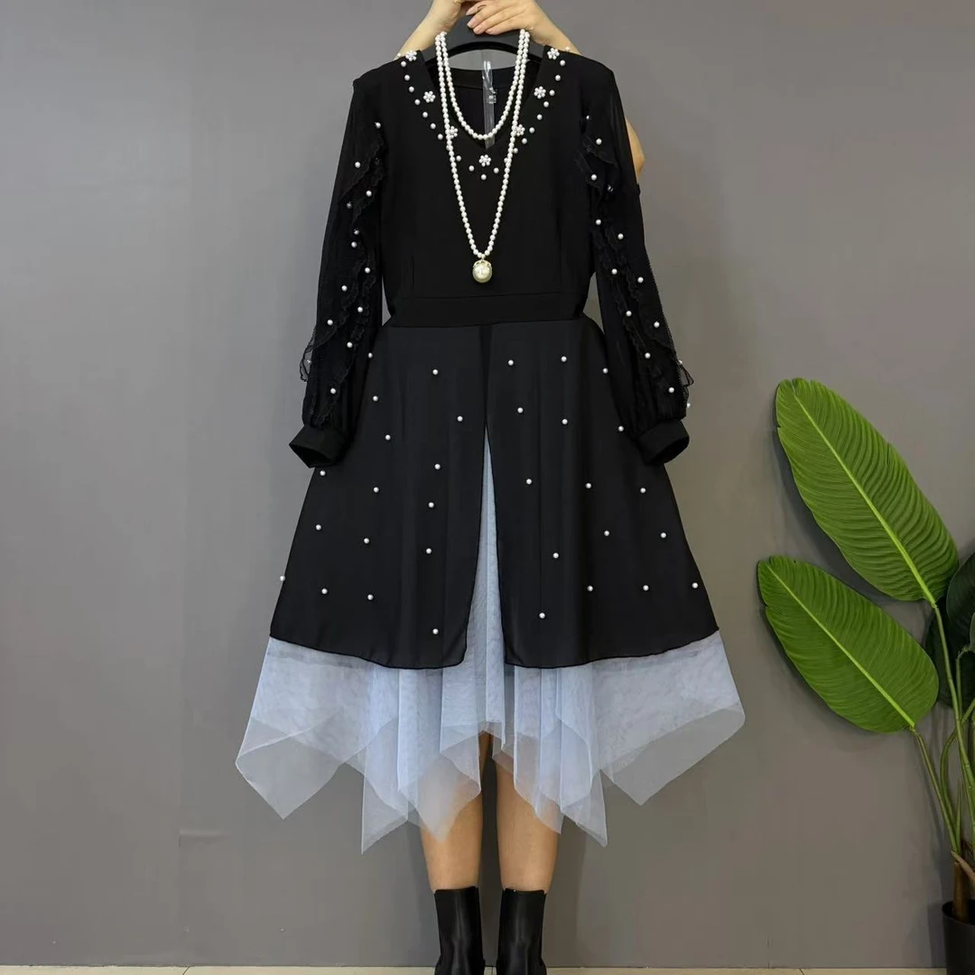 新款大码女装时尚气质V领重工钉珠拼纱大摆显瘦连衣裙