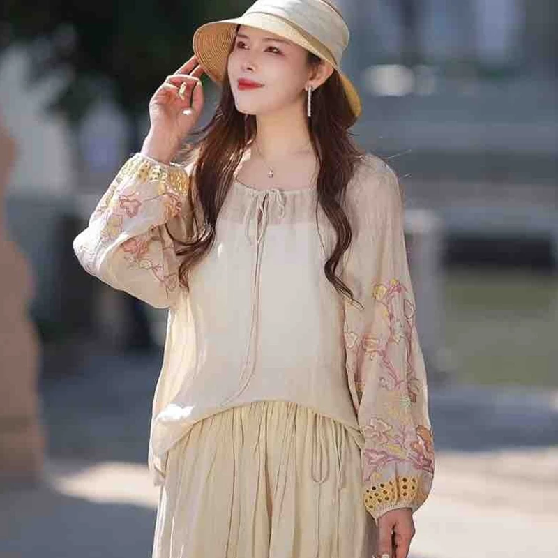 复古苎麻领口系带重工刺绣衬衫女文艺大码显瘦套头上衣