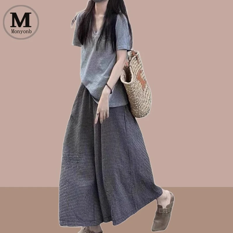 套装女夏季薄款2025新款小个子短袖t恤阔腿裤裙子休闲时尚两件套