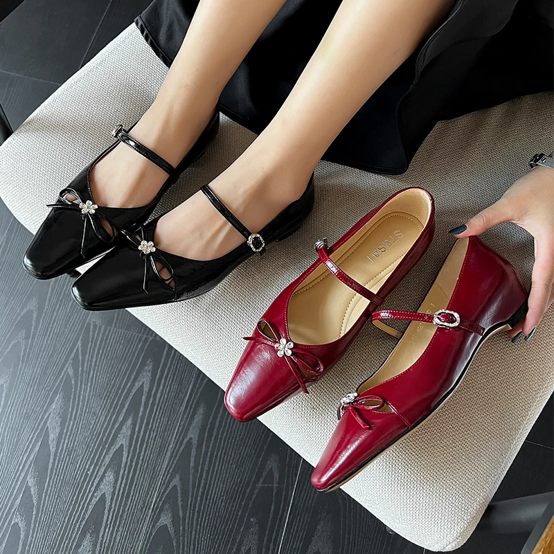 ST&SAT气质小香风浅口一字带单鞋女平底夏季水钻方扣软底淑女鞋子