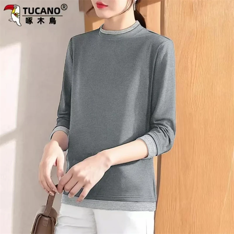 啄木鸟正品爆款上衣冬季洋气妈妈装女新款半高领胖mm长袖打底T恤