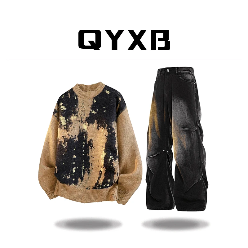 【品牌正品现货】QYXB圆领针织镂空毛衣秋冬季针织衫圆领情侣毛衣男