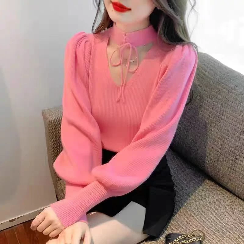 01-100毛针织衫通勤秋冬长袖圆领灯笼袖修身冬季显瘦半高领