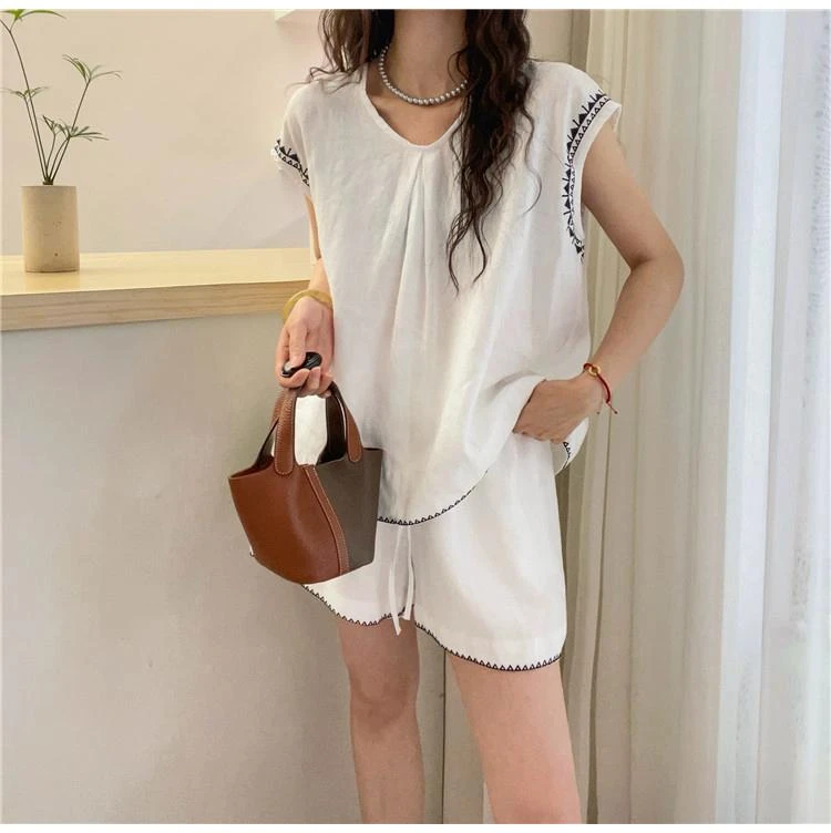 飞飞袖苎麻衬衫休闲短裤两件套装女欧洲站2025夏装新款欧货女装潮