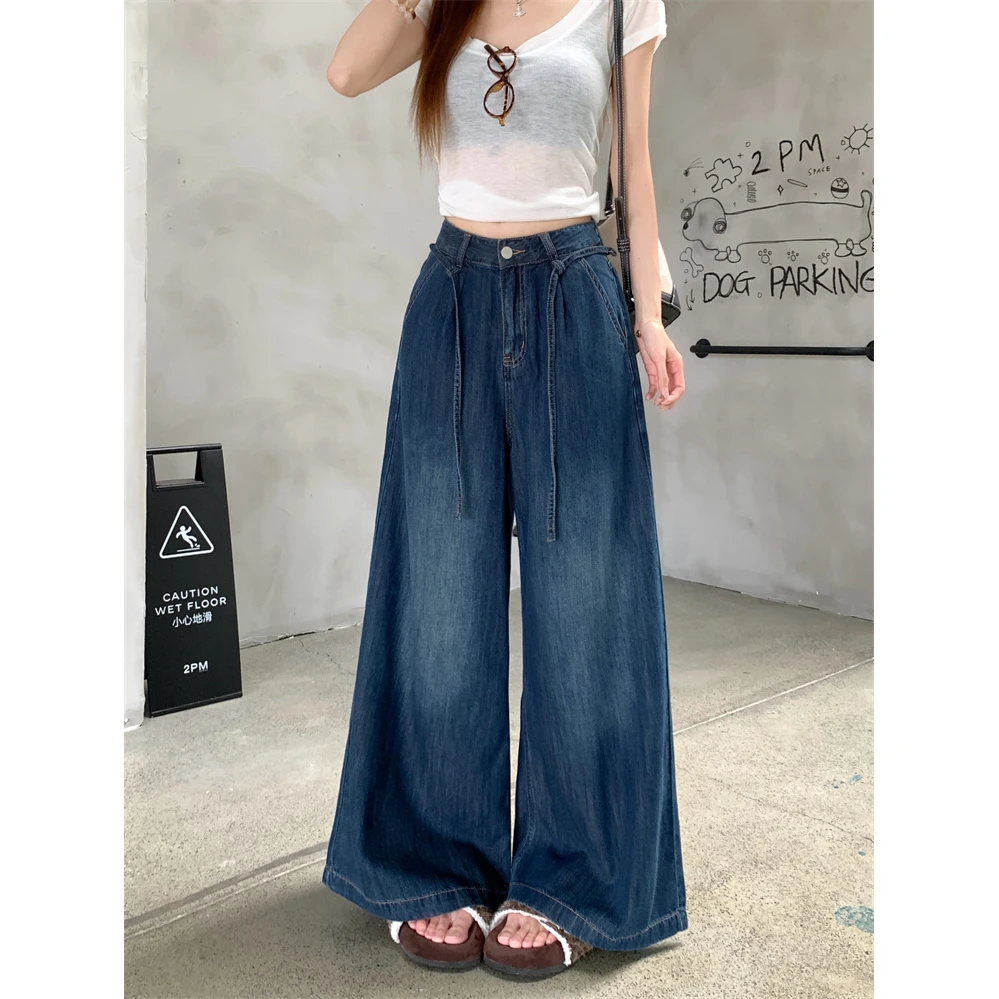 实拍实价美式复古阔腿抽绳设计感牛仔裤女高腰宽松直筒垂感拖地裤