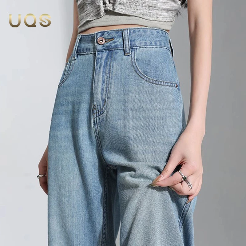 UQS浅蓝色夏季薄款女牛仔裤阔腿2025年新款高腰显瘦小个子九分裤