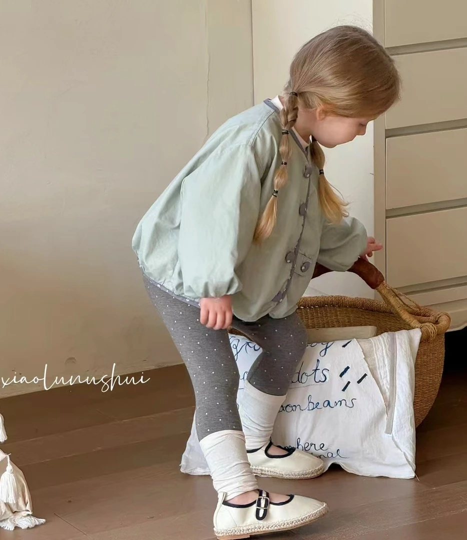 小鹿慕水 25019女童2025春款绿色全棉单排扣外套