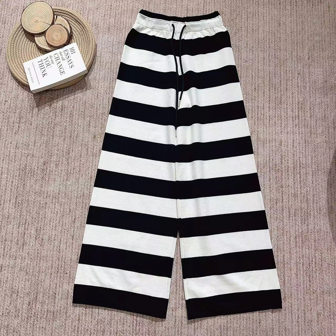 2025秋季新款韩版百搭针织条纹阔腿休闲裤4758