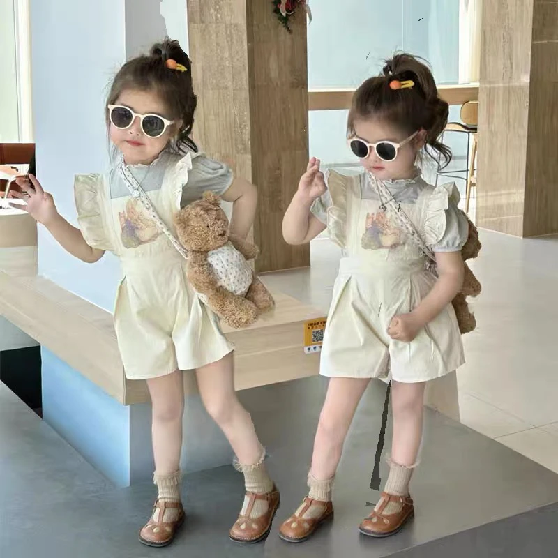 2025新款法式女童兔子背带裤夏女宝宝连体裤夏冰丝网孔T恤两件套