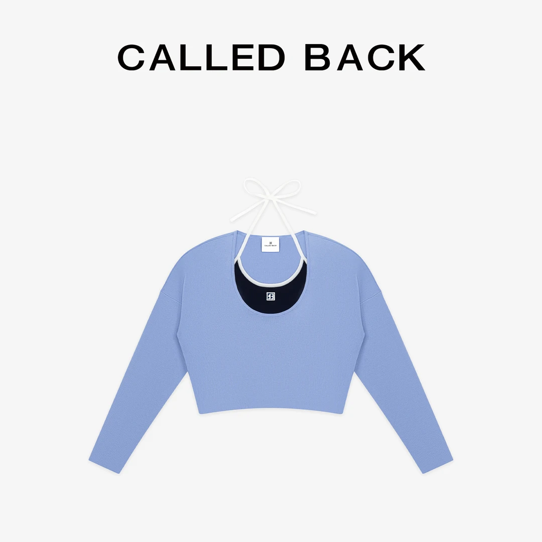 CALLED BACK秋季新款挂脖假两件蓝色时尚长袖针织衫上衣女