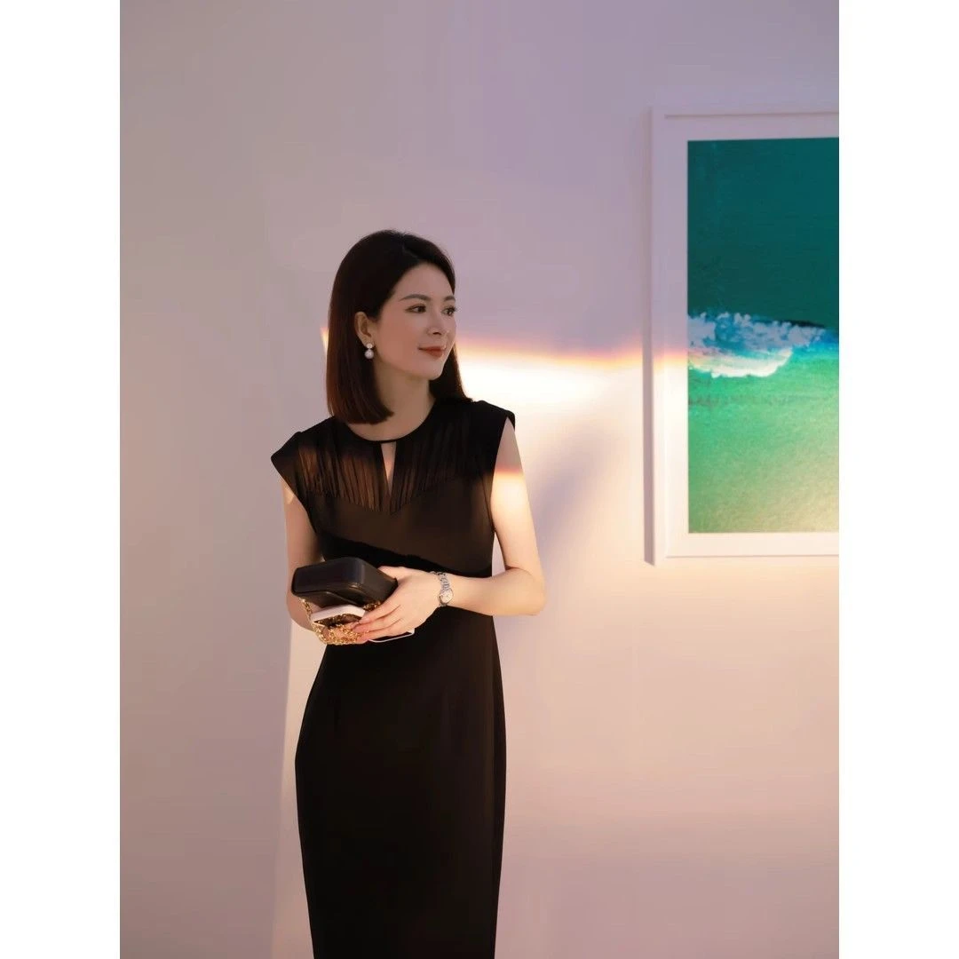 法式连衣裙夏季2024新款V领显瘦雪纺拼接黑色气质无袖裙子修身性
