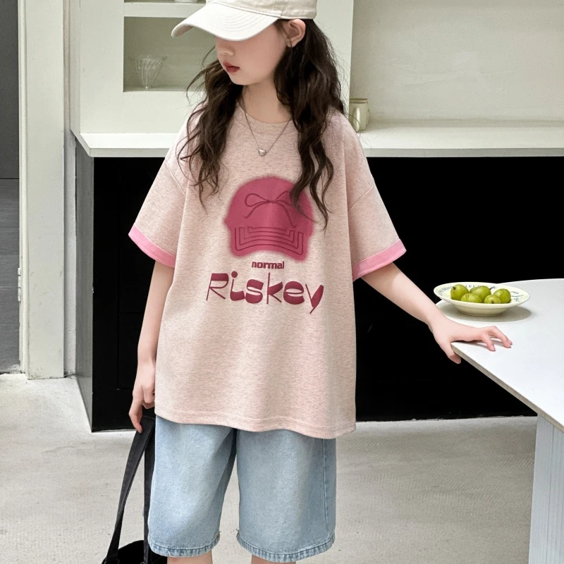 女童夏季短袖套装2025新款儿童休闲印花套装ins洋气t恤宽松夏装潮