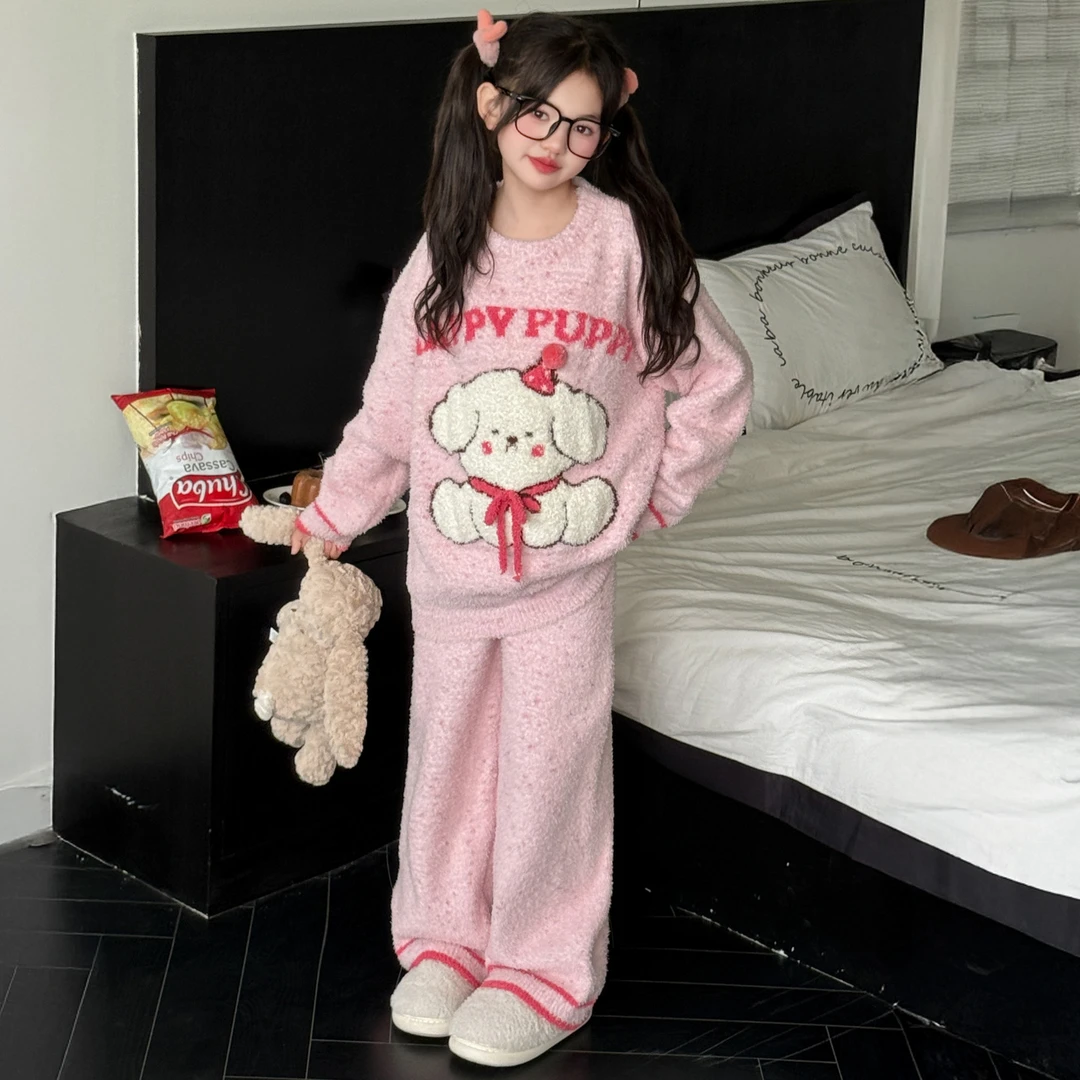 女童甜美风家居服两件套睡衣加厚保暖居家外出半边绒两件套超柔软