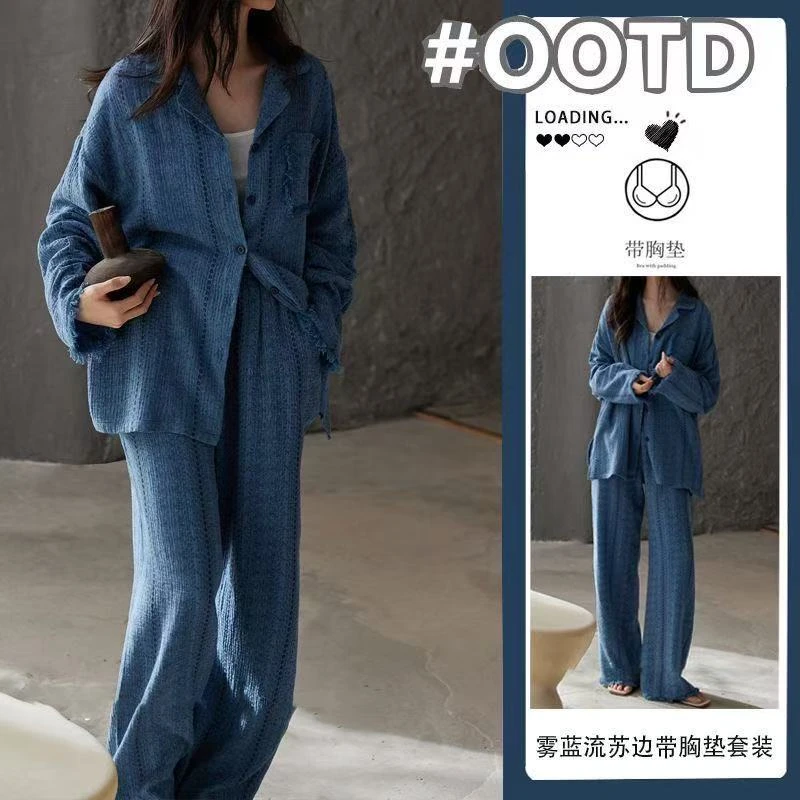 100%纯棉带胸垫睡衣女士春秋季长袖长裤2025新款可外穿家居服套装
