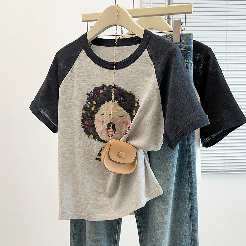 大码夏季新款卡通女孩薄款冰丝短袖T恤女胖妹妹显瘦宽松百搭上衣