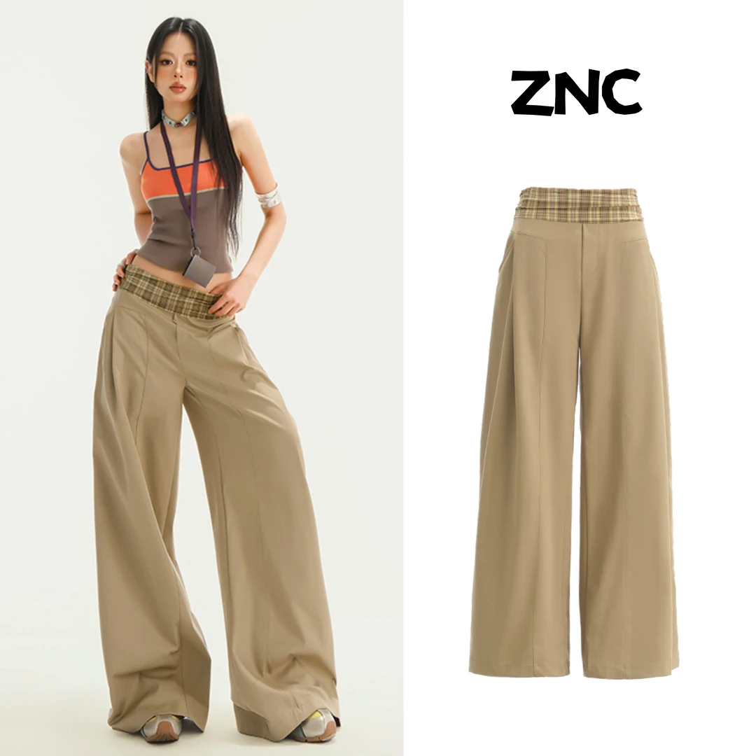 复古卡其色拼接格纹休闲裤2025秋季新款设计感慵懒垂感宽松阔腿裤