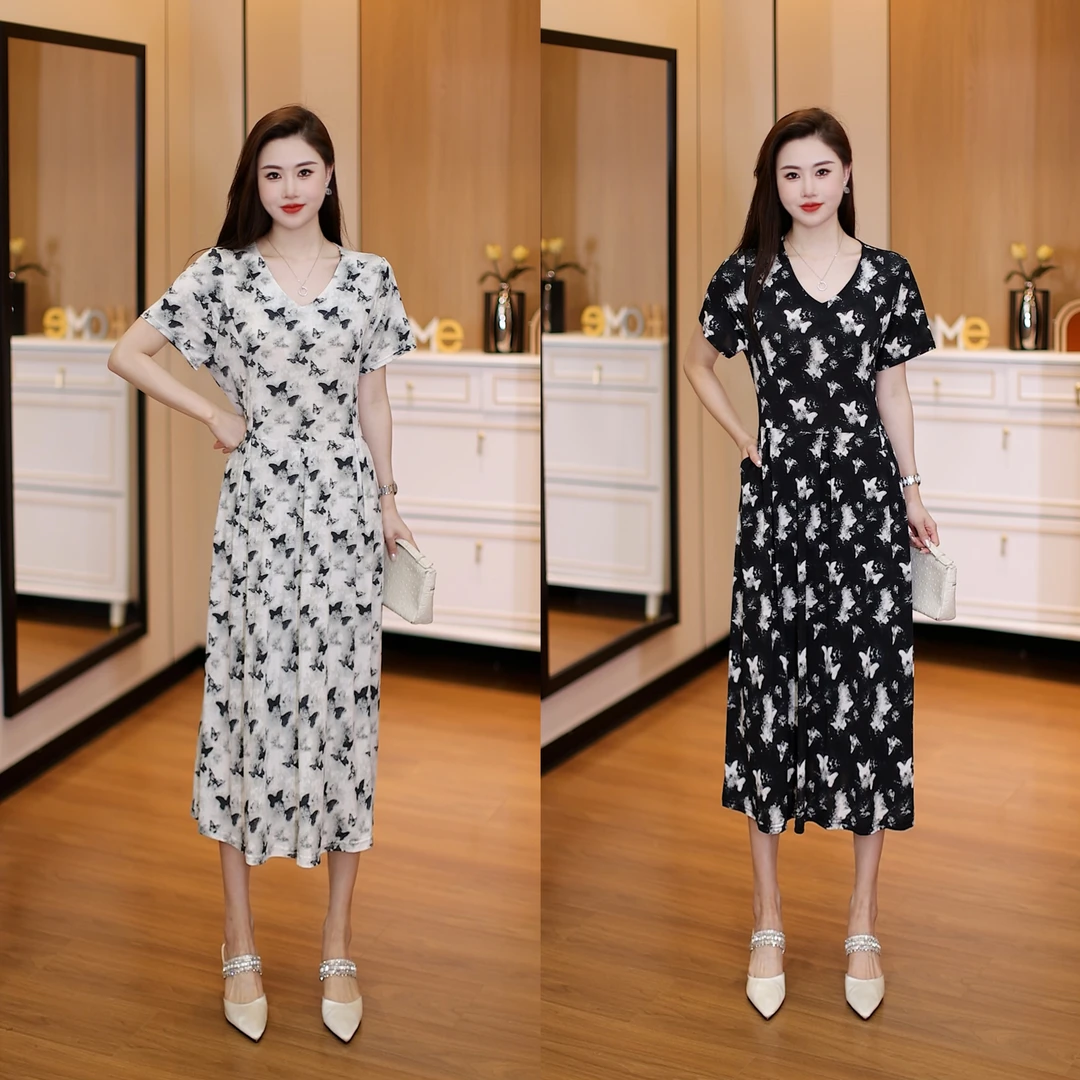 【清仓】新款时尚蝴蝶碎花连衣裙复古法式收腰气质显瘦洋气休闲夏季