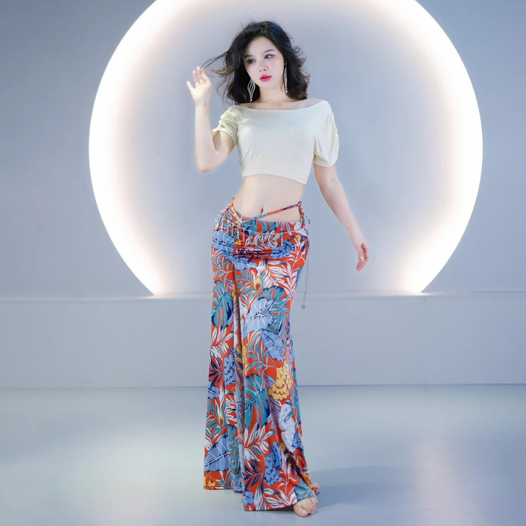 舞娘新款秋季肚皮舞练功服套装冰丝印花碎花练习演出服装大码显瘦