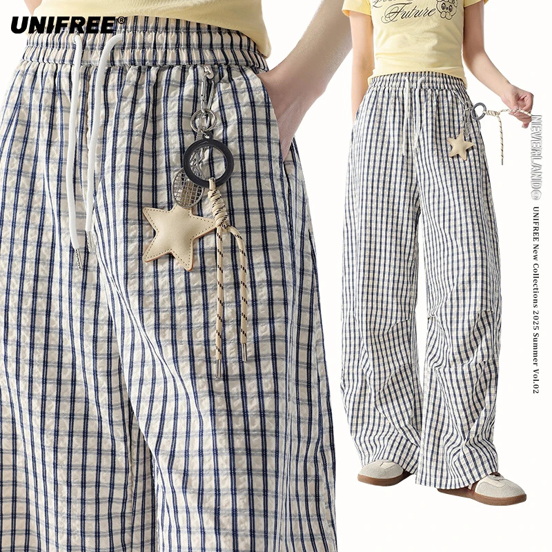 UNIFREE复古格纹休闲裤韩系少女清新宽松慵懒风百搭设计感弯刀裤