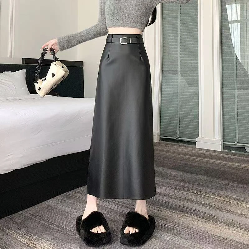 黑色开叉秋冬静奢风包臀裙O型高腰显瘦半身裙不规则中长款A字皮裙