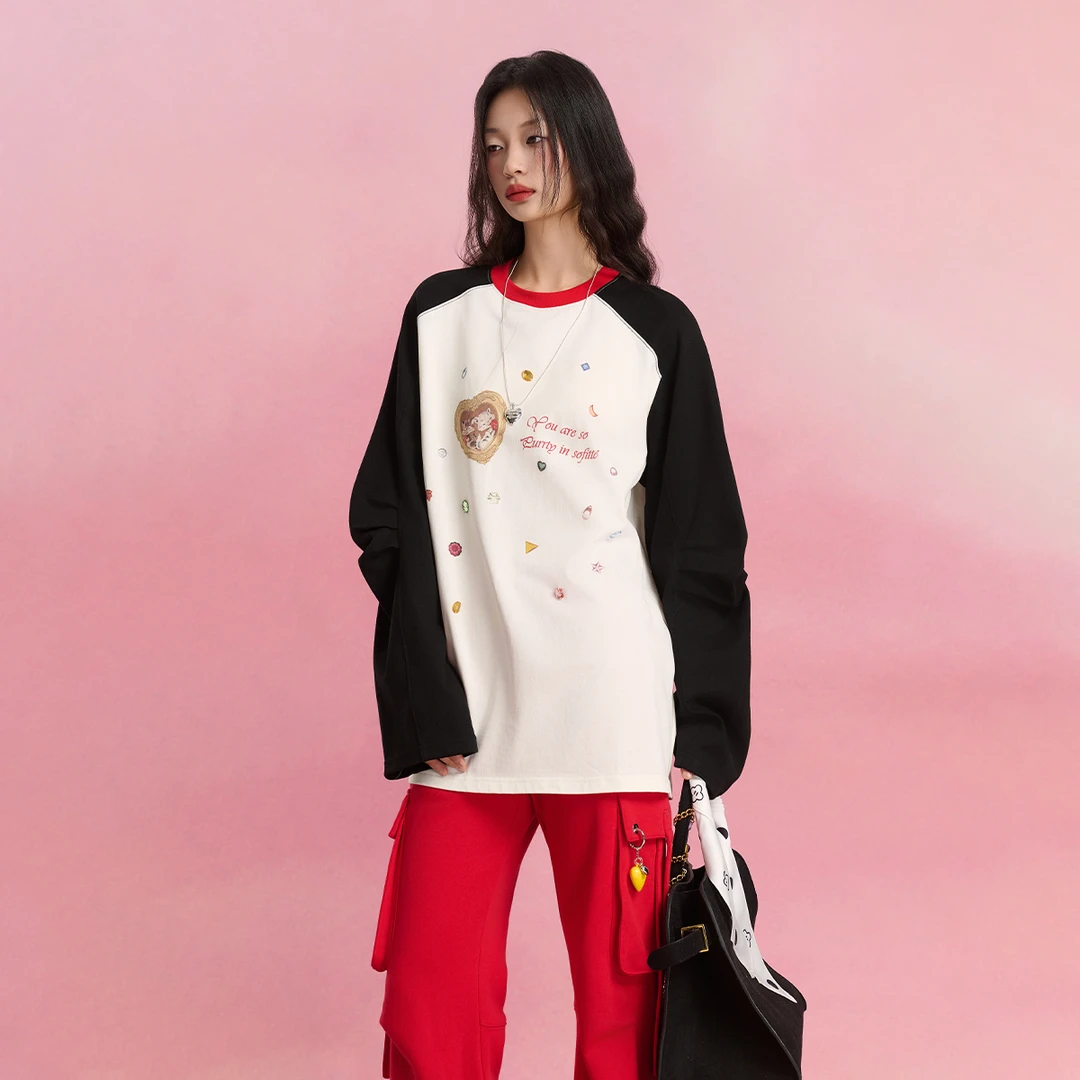 Sofitte 25SS爱心小猫插肩袖宽松纯棉时尚钻石印花长袖T恤女