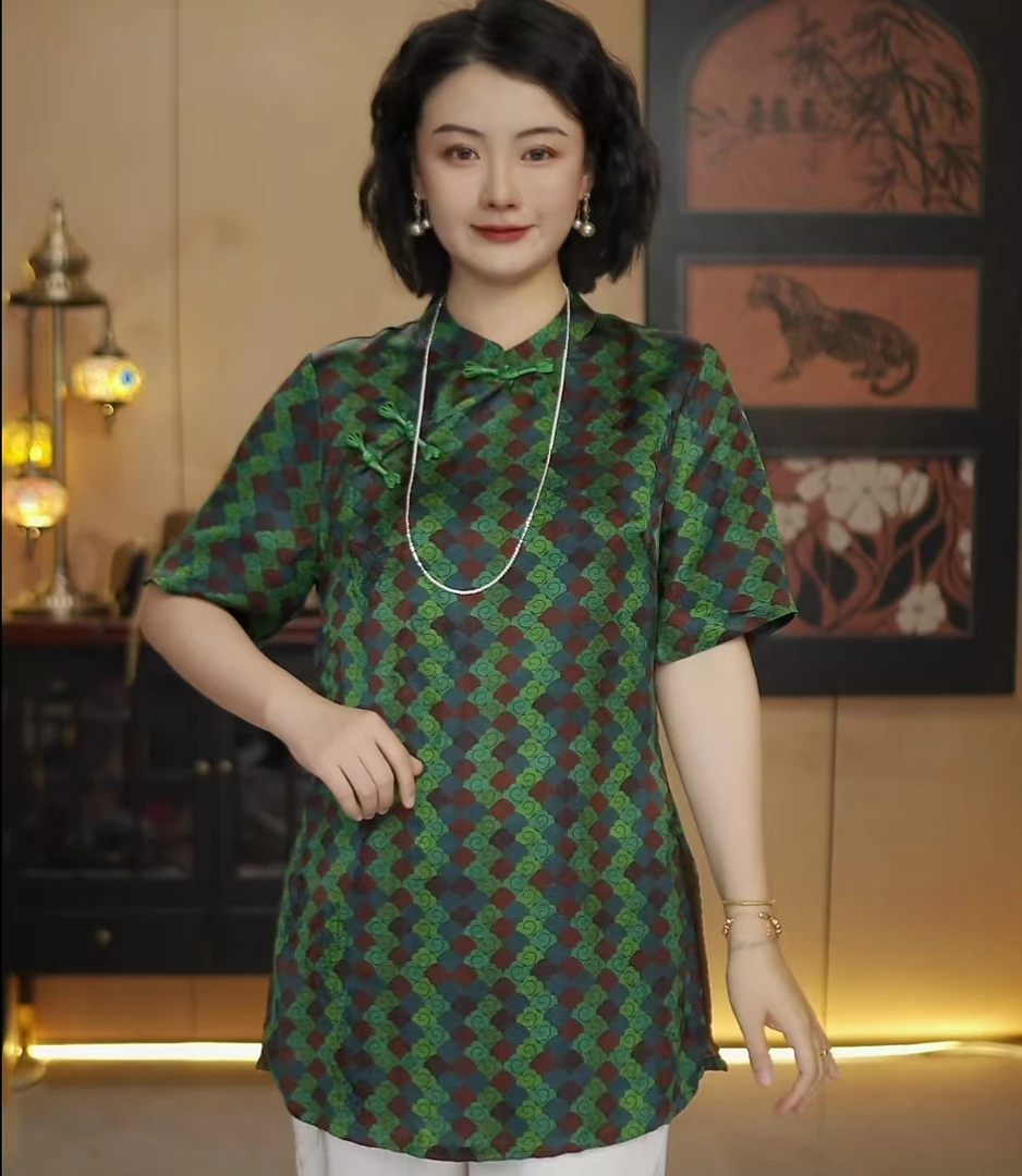 翡翠云海ins短袖圆领上衣格子中长款中袖薄款立领复古提花