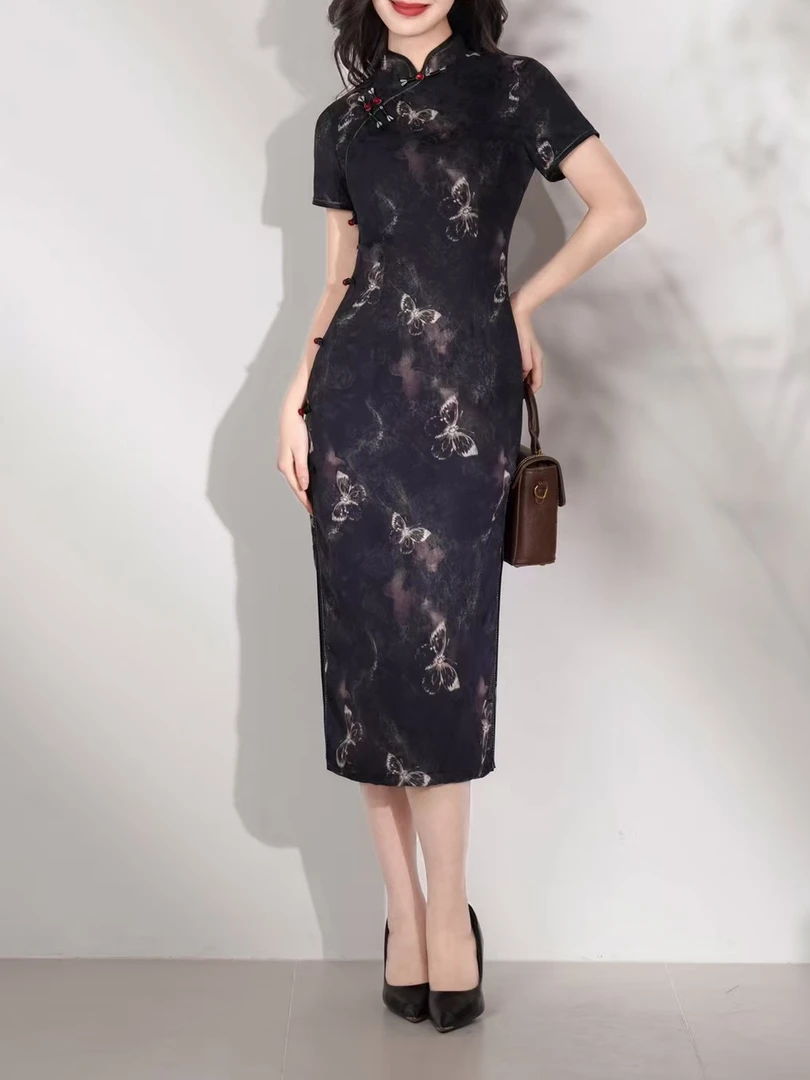 黑色显瘦低开衩气质ins七分袖复古中国风复古日常旗袍印花旗袍裙