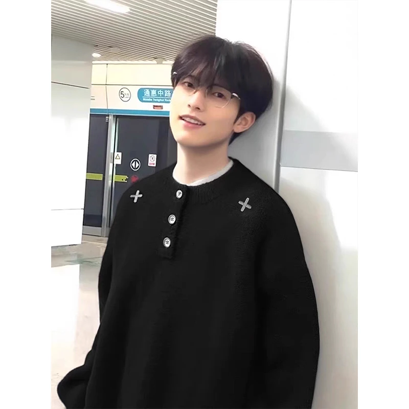 cleanfit黑色亨利领毛衣男款秋冬季高级感美式针织衫潮牌内搭打底