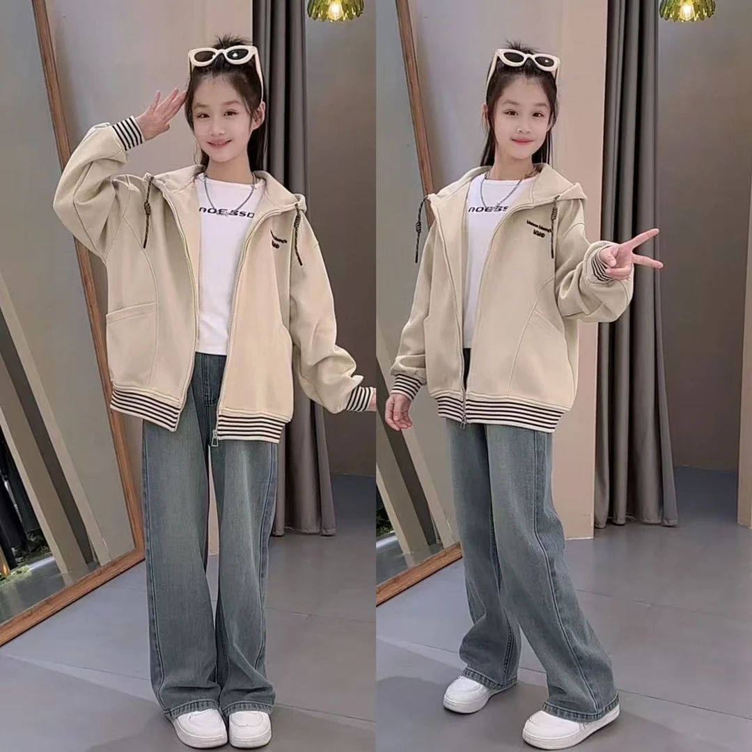 女童春款连帽外套弹力阔腿裤打底衫套装女童中大童气质款2025新款