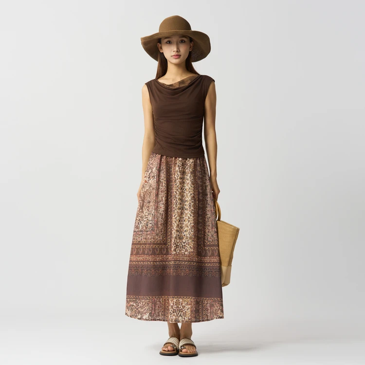 西町村屋波西米亚半身裙套装夏季新款拼接蕾丝T恤两件套XAAB10834