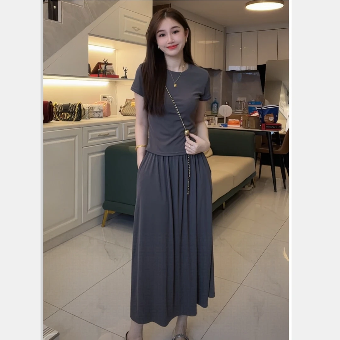 【上衣+半身裙】夏季修身短款两件套T恤半身裙大摆长裙套装