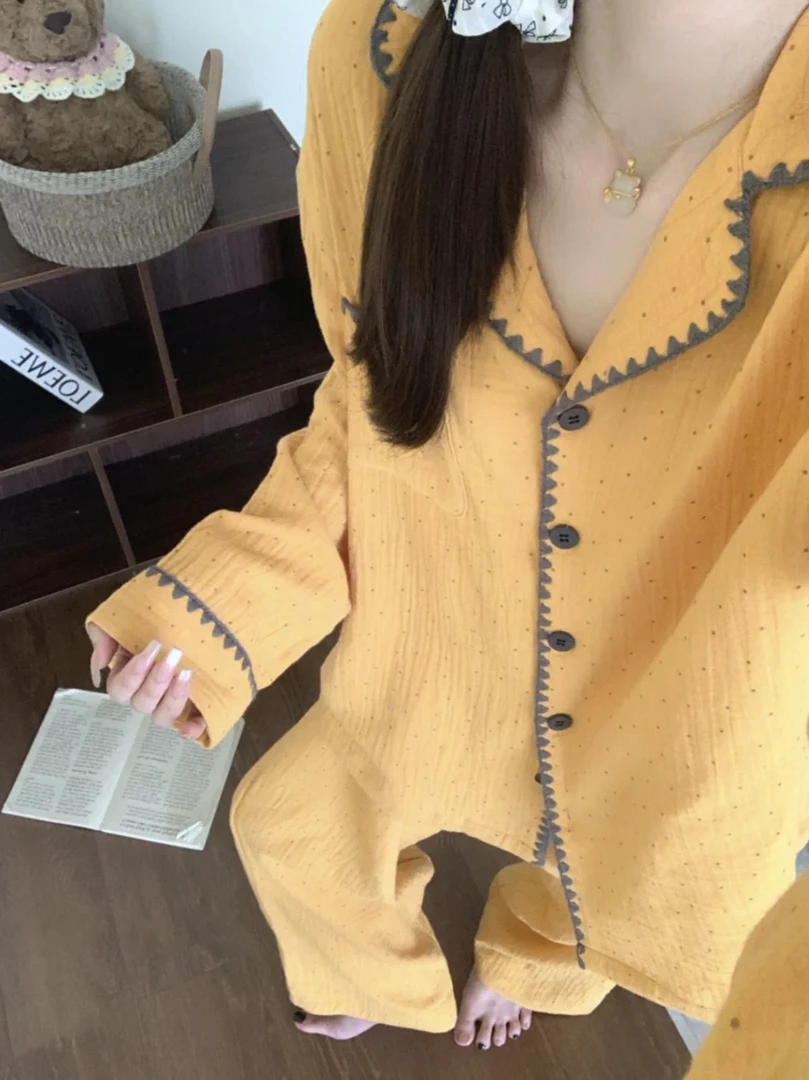韩系ins撞色波点睡衣女春秋轻薄透气长袖长裤可外穿家居服套装
