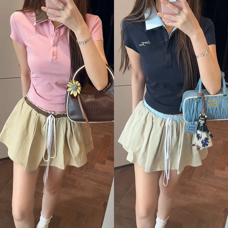 【mimius】肉韩系复古简约小刺绣翻领上衣+花边裙裤（松紧腰）G06314