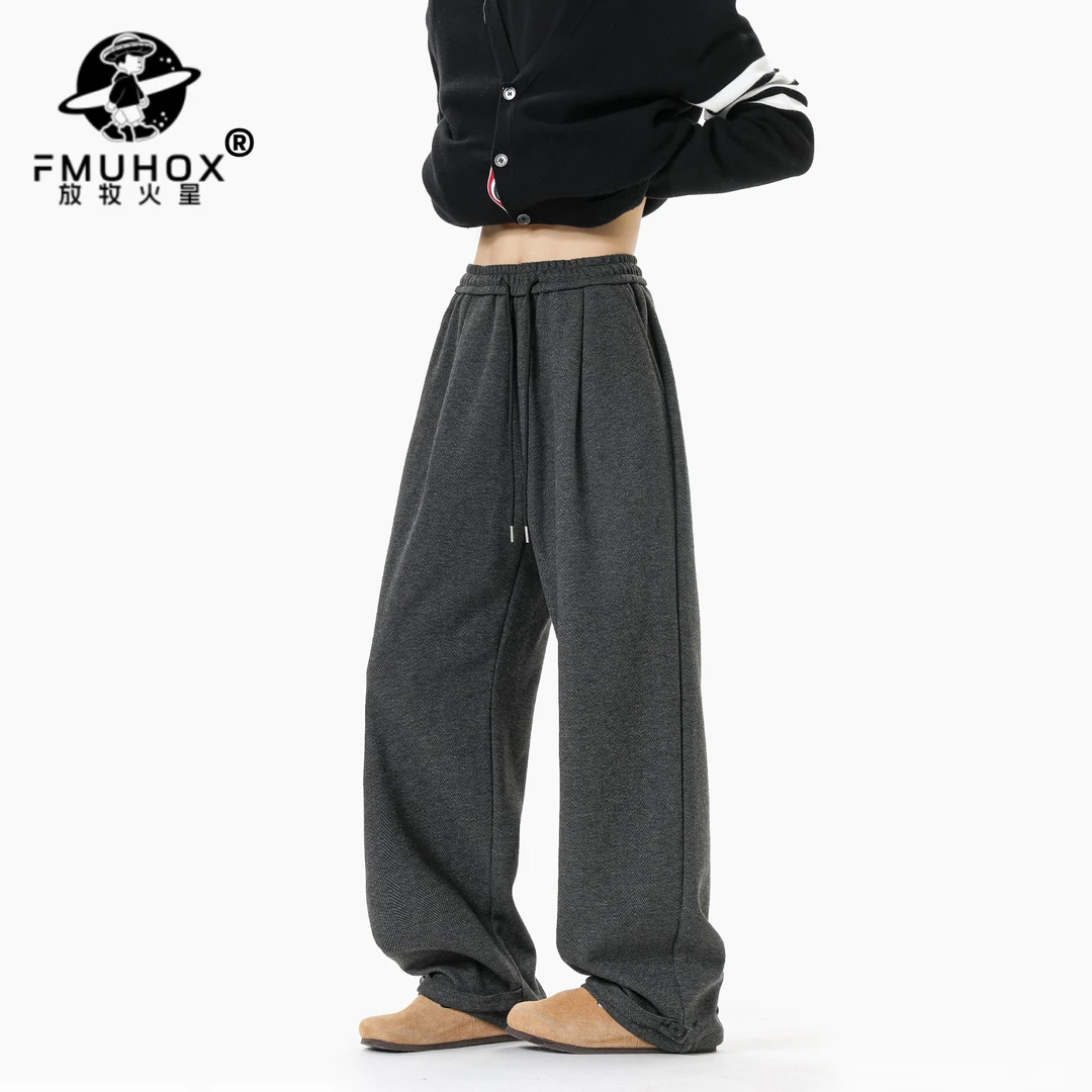 @放牧火星 美式潮牌街头秋季大码人字纹垂感休闲裤宽松男直筒裤子